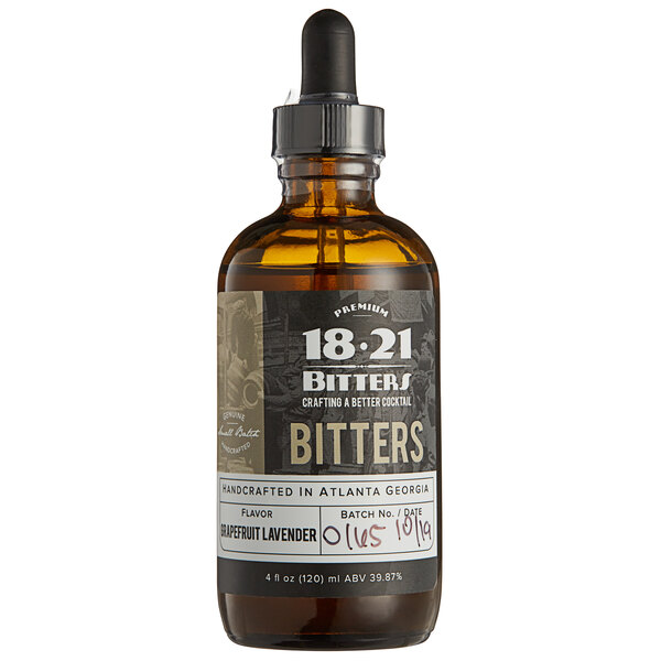 A bottle of 18.21 Grapefruit Lavender Bitters with a label.
