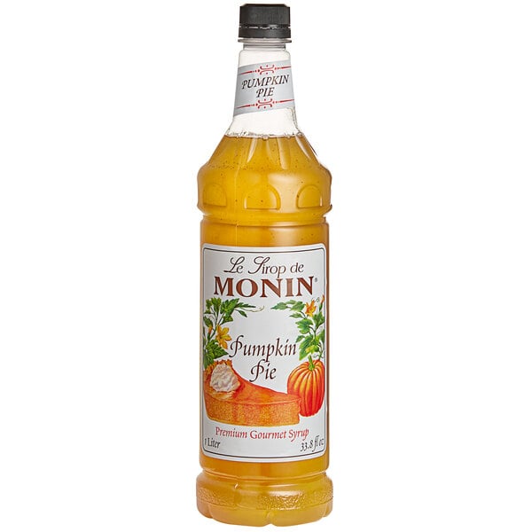 A Monin bottle of pumpkin pie flavoring syrup.