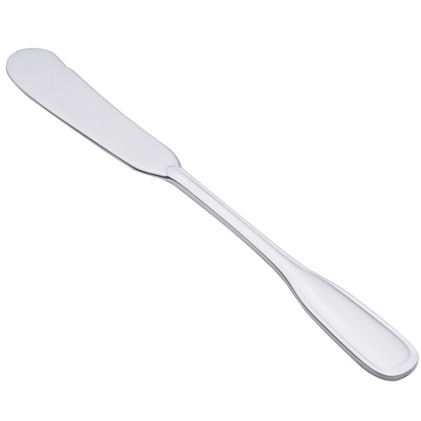 A Oneida stainless steel butter spreader with a white handle.