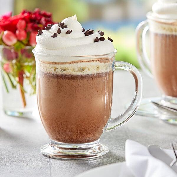 A glass mug of Capora Java Chip Frappe Mix with whipped cream and chocolate chips on top.