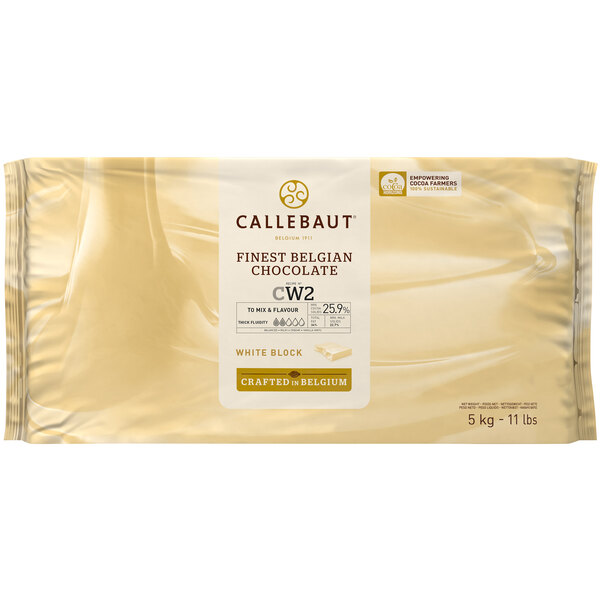 A white package of Callebaut white chocolate blocks with a black and white label.