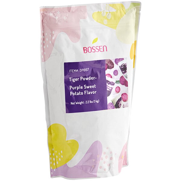 A white Bossen bag with purple and yellow dots containing purple sweet potato powder.