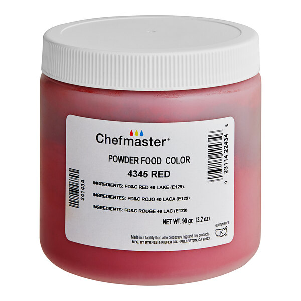 A container of Chefmaster Red Dry Powder Food Color.