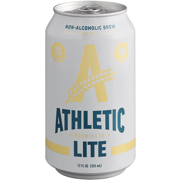 An Athletic Brewing Co. Athletic Lite beer can with a yellow and blue label.