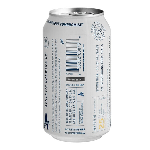 A white Athletic Lite non-alcoholic beer can with blue and black text and a bar code.