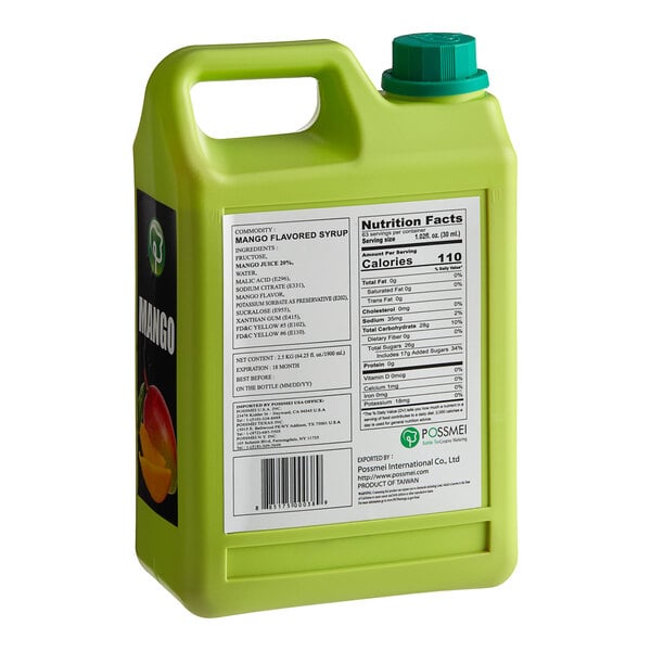 A green gallon container of Possmei Mango Concentrated Syrup with a green lid and label.