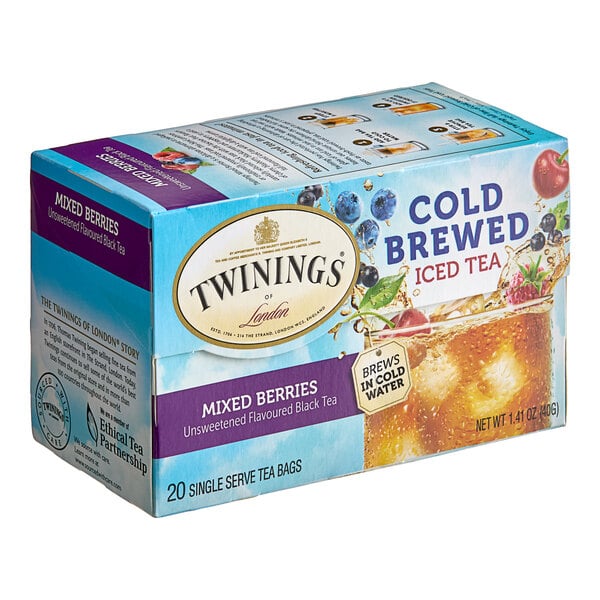 A white Twinings box of 20 cold brewed mixed berries iced tea bags.