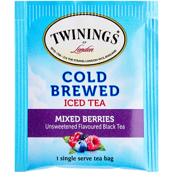 A blue and pink box of Twinings Mixed Berries Cold Brewed Iced Tea Bags.
