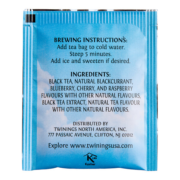 A blue and white Twinings packet of Mixed Berries Cold Brewed Iced Tea with black and white text.