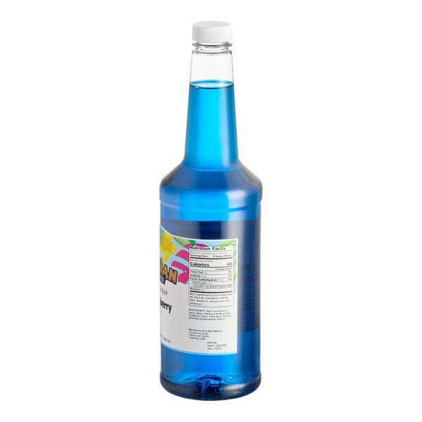 A 32 fl. oz. bottle of Hawaiian Shaved Ice Blue Raspberry Snow Cone Syrup.