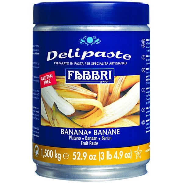 A white can of Fabbri Delipaste Banana Flavoring with a red label.