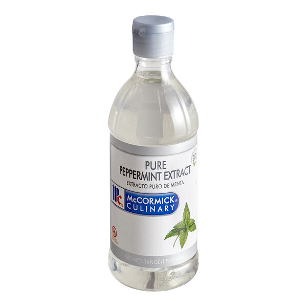 A clear plastic bottle with a gray cap containing a transparent liquid, labeled as pure peppermint extract.