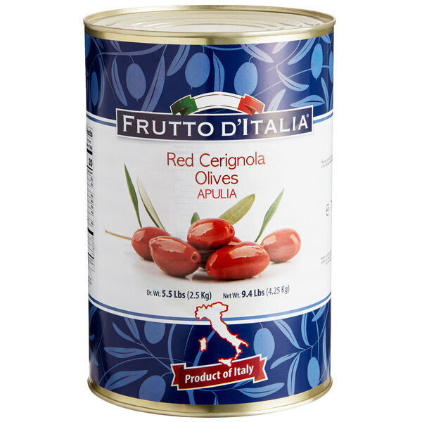 A Frutto d'Italia can of red Cerignola olives with a label.