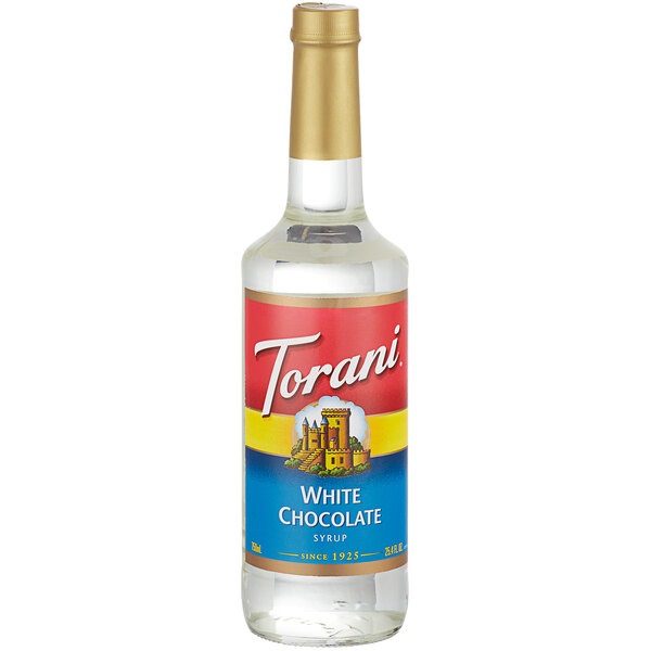 A close up of a Torani White Chocolate flavoring syrup bottle filled with white liquid.