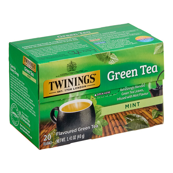 A green box of Twinings Green Tea with Mint Tea Bags.