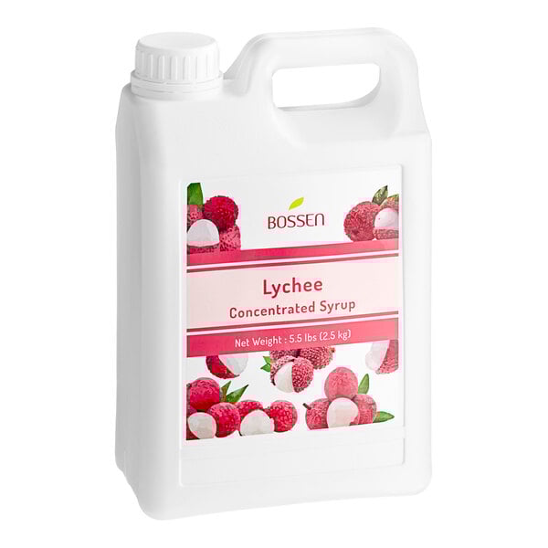 A white jug of Bossen Lychee Concentrated Syrup with a white label.