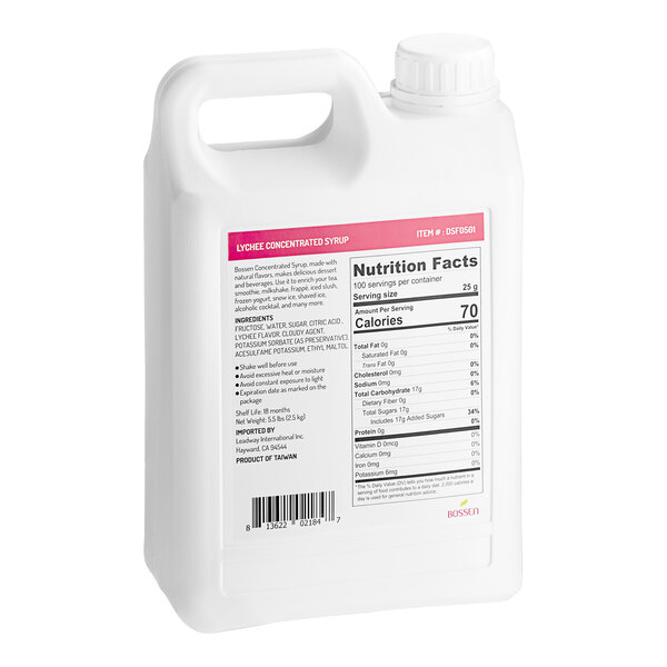 A white jug of Bossen Lychee Concentrated Syrup with a label.