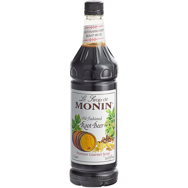 A bottle of Monin Old Fashioned Root Beer Syrup.