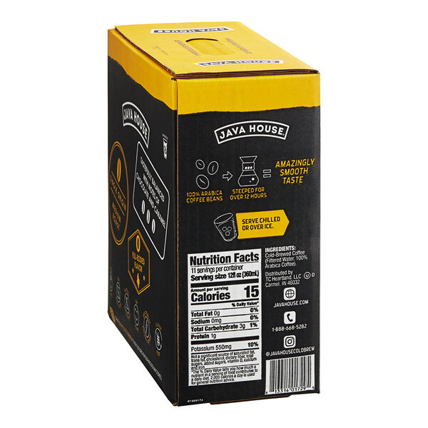 A black and yellow Java House Colombian Cold Brew Coffee box with white and yellow text on a counter.