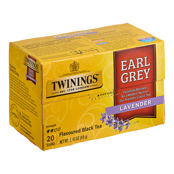A yellow box of Twinings Earl Grey with Lavender Tea Bags with a black label.