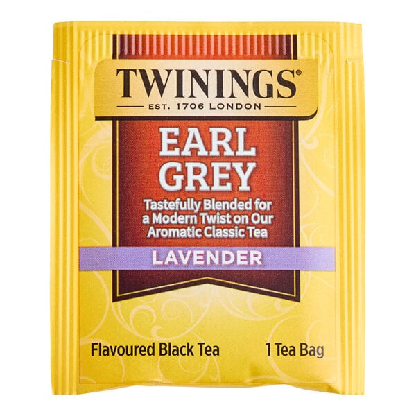 A yellow box of Twinings Earl Grey with Lavender Tea Bags.