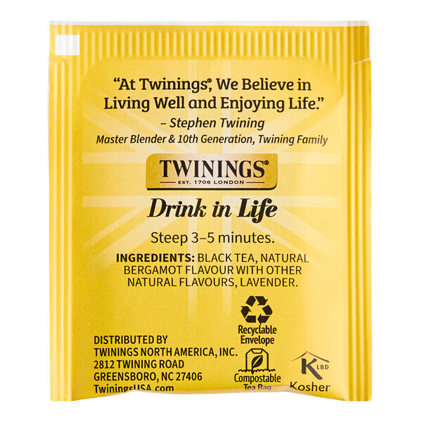 A yellow box of 120 Twinings Earl Grey with Lavender Tea Bags.