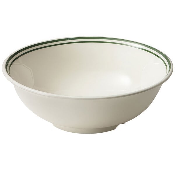 A white melamine bowl with green stripes.