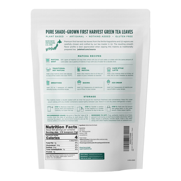 The image shows the back of a white resealable bag with green text, providing information about pure shade-grown first harvest green tea leaves, matcha recipes, storage instructions, and nutrition facts.