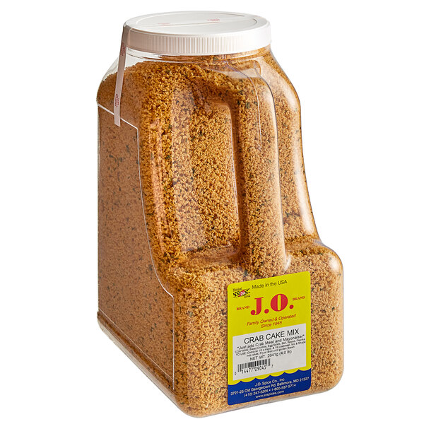 A white plastic container of J.O. Crab Cake Mix.