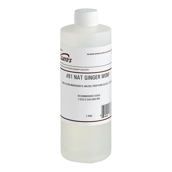 A bottle of Lloyd's of Pennsylvania Ginger Hard Serve Ice Cream Flavoring with a white label.