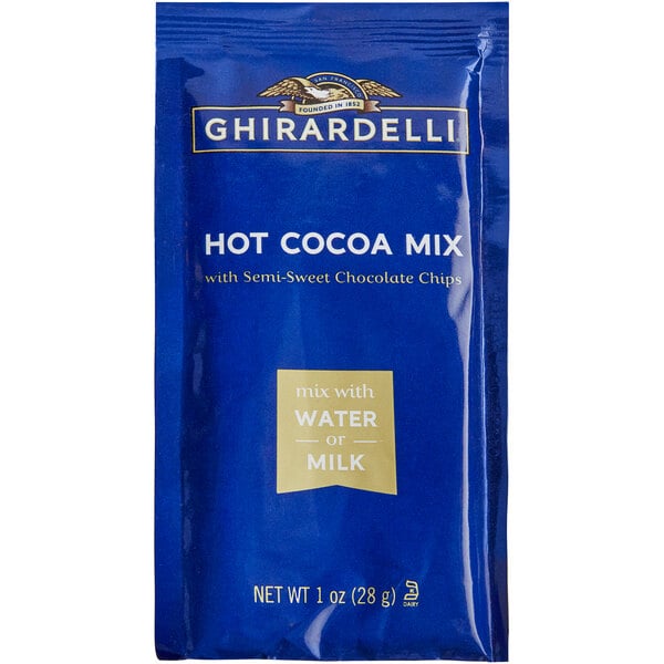 A blue Ghirardelli hot cocoa mix package with white text.