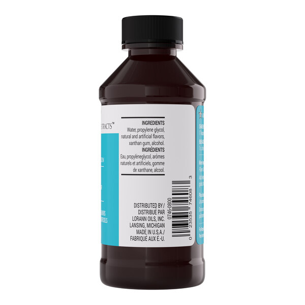 A brown plastic bottle of LorAnn Oils 4 fl. oz. Rum Bakery Emulsion with a black cap and ingredient label.