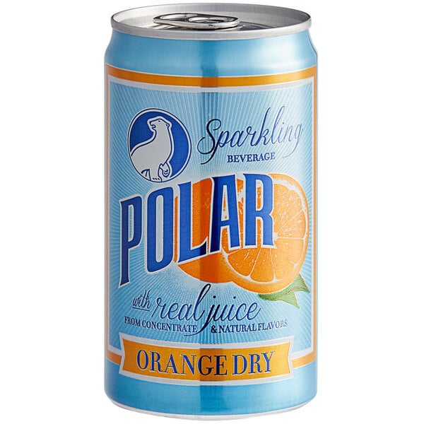 A close up of a Polar orange soda can with a blue label.
