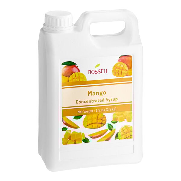A white jug of Bossen Mango Concentrated Syrup with a label on it.