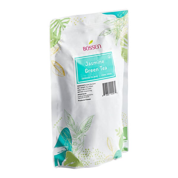A white resealable bag with green and yellow leaf designs, labeled 'Bossen Jasmine Green Tea' with a turquoise label and barcode on the front.
