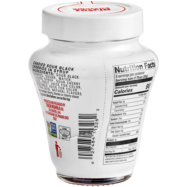 A white plastic container of Toschi Amarena cherries in syrup with a black and red label.