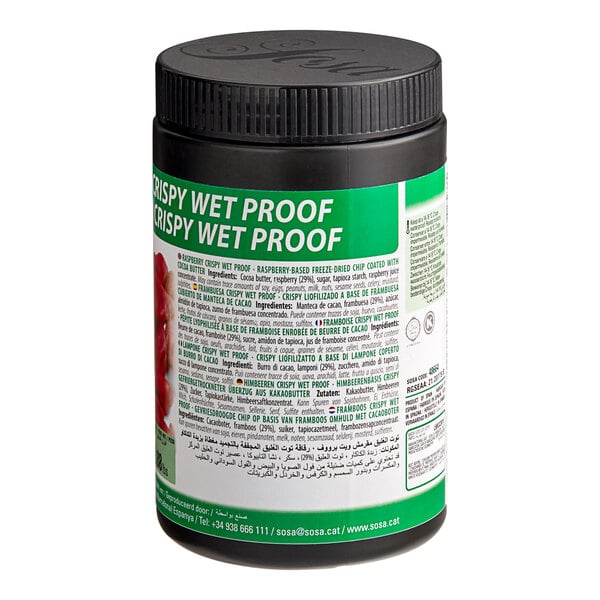 A black jar of Sosa Raspberry Wet-Proof Crispies with a green label.