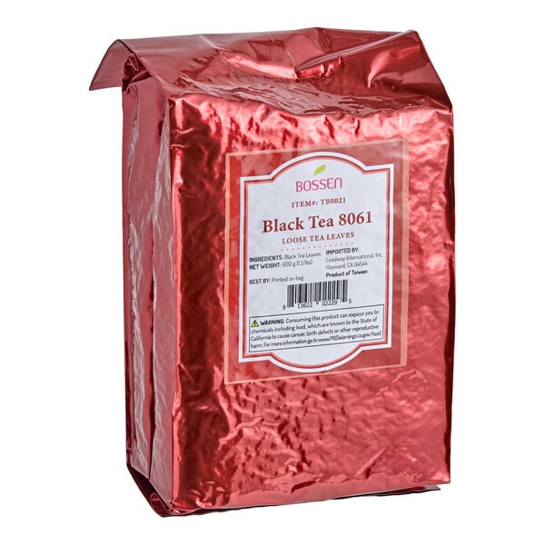 A 1.3 lb. bag of Bossen Black Loose Leaf Tea in a shiny red package.