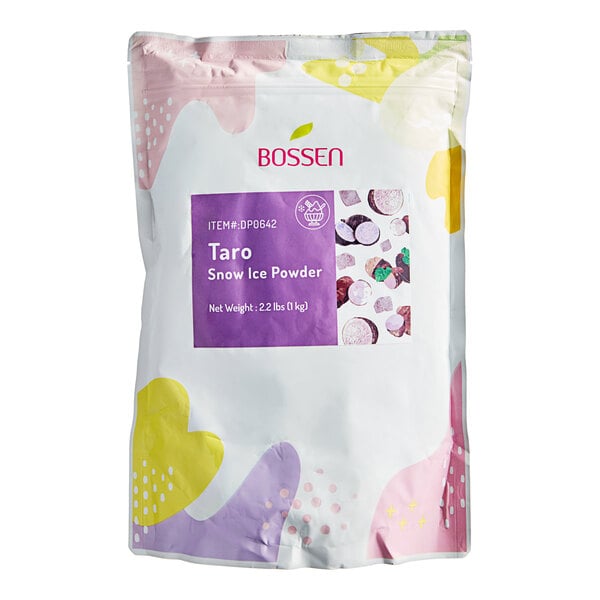 A white bag of Bossen Taro Snow Ice Powder with purple and yellow flowers and white text.