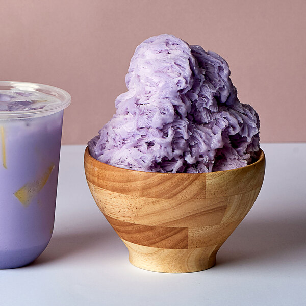 A bowl of purple Taro snow ice made with Bossen Taro Snow Ice Powder.