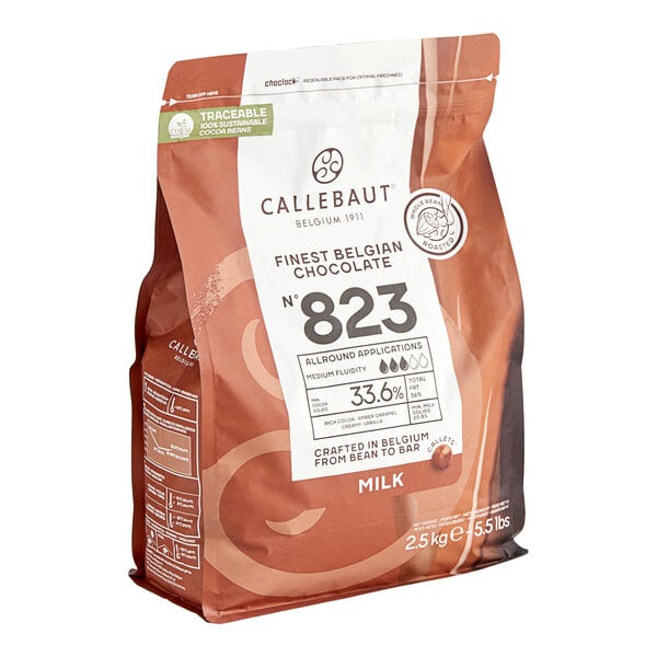 A white bag of Callebaut milk chocolate callets.
