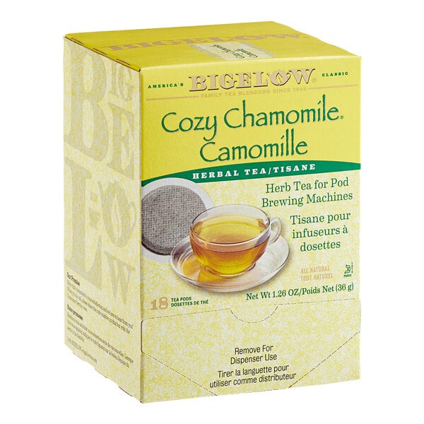 A box of Bigelow Cozy Chamomile herbal tea pods for pod brewing machines, featuring an image of a tea cup and a tea pod on the front.