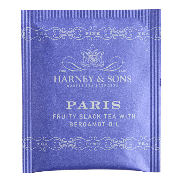 A blue Harney & Sons Paris Tea packet with white text.