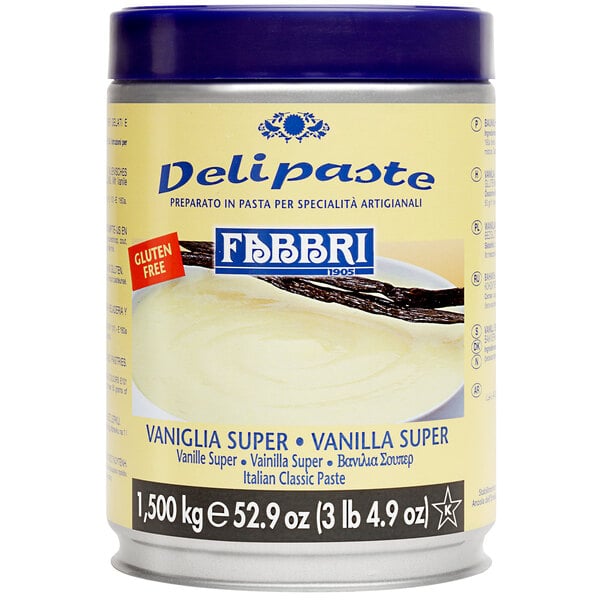 A box of 8 Fabbri Delipaste Vanilla Super Flavoring Paste cans.