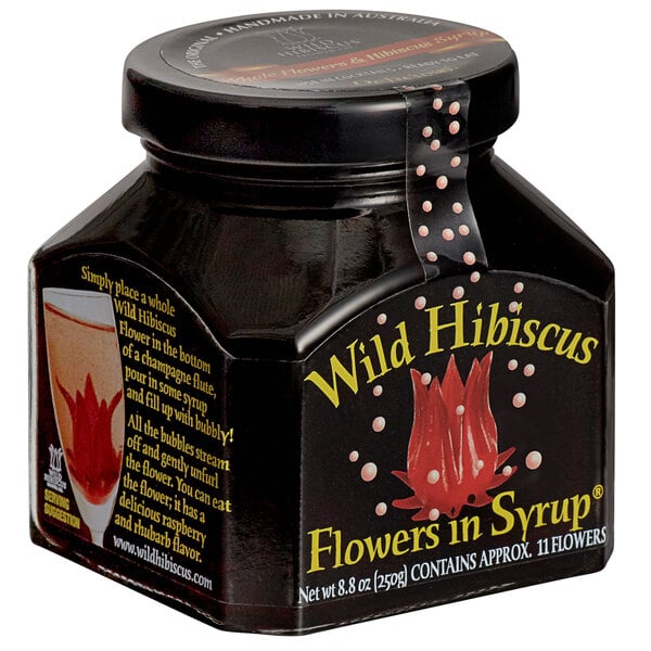 A black container of Wild Hibiscus flowers in syrup with a black label.
