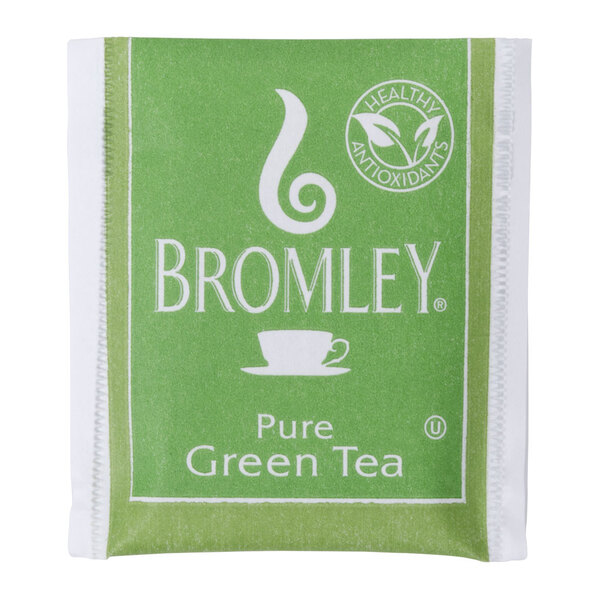 A green and white rectangle of Bromley Pure Green Tea Bags with white text.