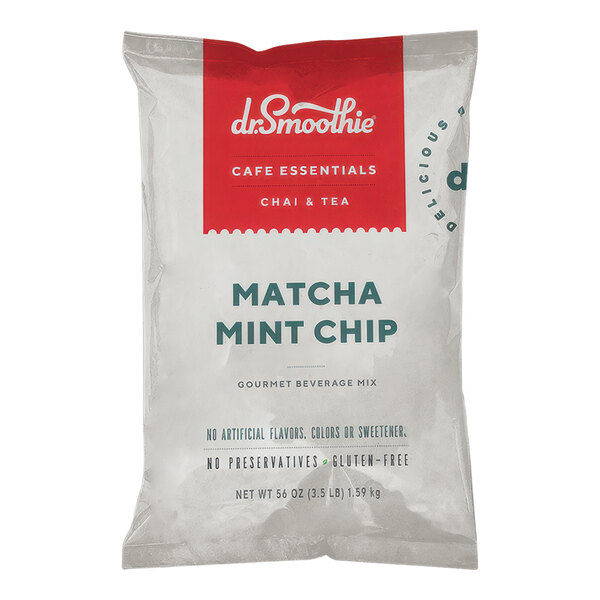 A white bag of Dr. Smoothie Cafe Essentials Matcha Mint Chip Beverage Mix with a red label.