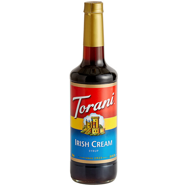 A Torani Irish Cream flavoring syrup 750 mL glass bottle with a label.