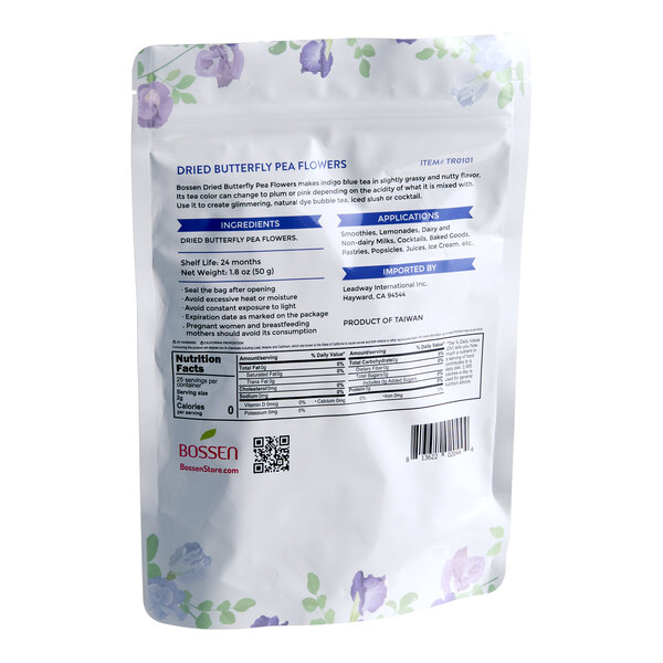 A resealable bag of Bossen dried butterfly pea flower loose leaf tea weighing 1.7 oz. (50 grams).