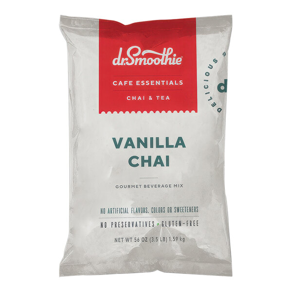 A white package of Dr. Smoothie Cafe Essentials Vanilla Chai Beverage Mix with red and green text.